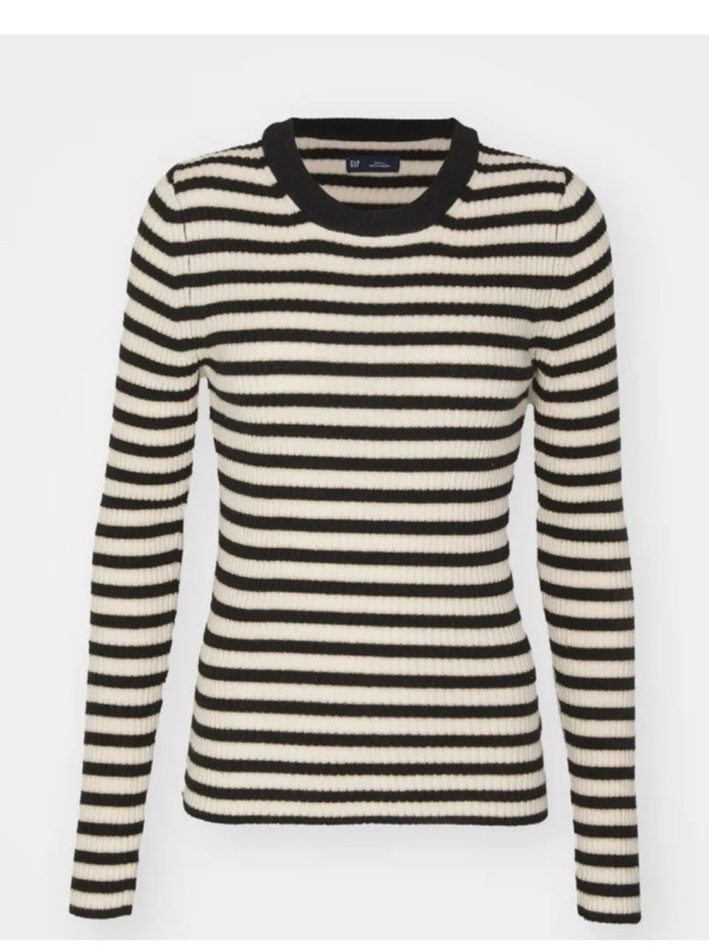 GAP Striped Black and Cream Ribbed Scoop Crew Sweater